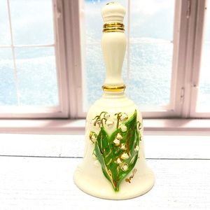 Large Vintage Porcelain Bell with Decorative Raised Floral Design Gold Trim